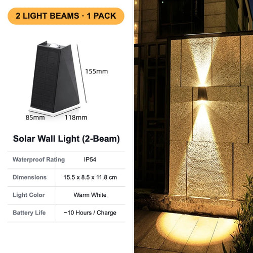 Solar Wall Light dimensions and specs: IP54 waterproof rating, 15.5 x 8.5 x 11.8 cm, warm white light, ~10 hour battery life